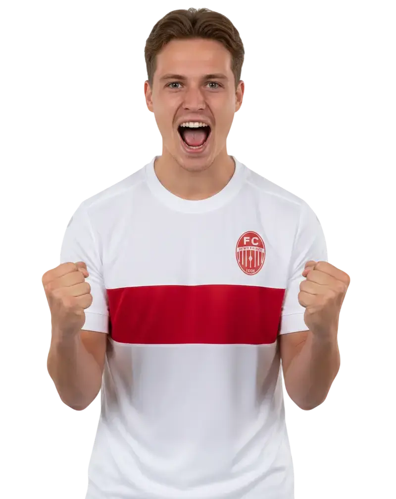 Porträt eines jubelnden Fußballers mit weit geöffnetem Mund und geballten Fäusten.