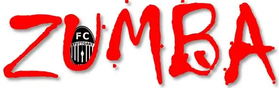 ZUMBA-Schriftzug in Rot mit integriertem FC Stuttgart Vereinslogo auf weißem Hintergrund.